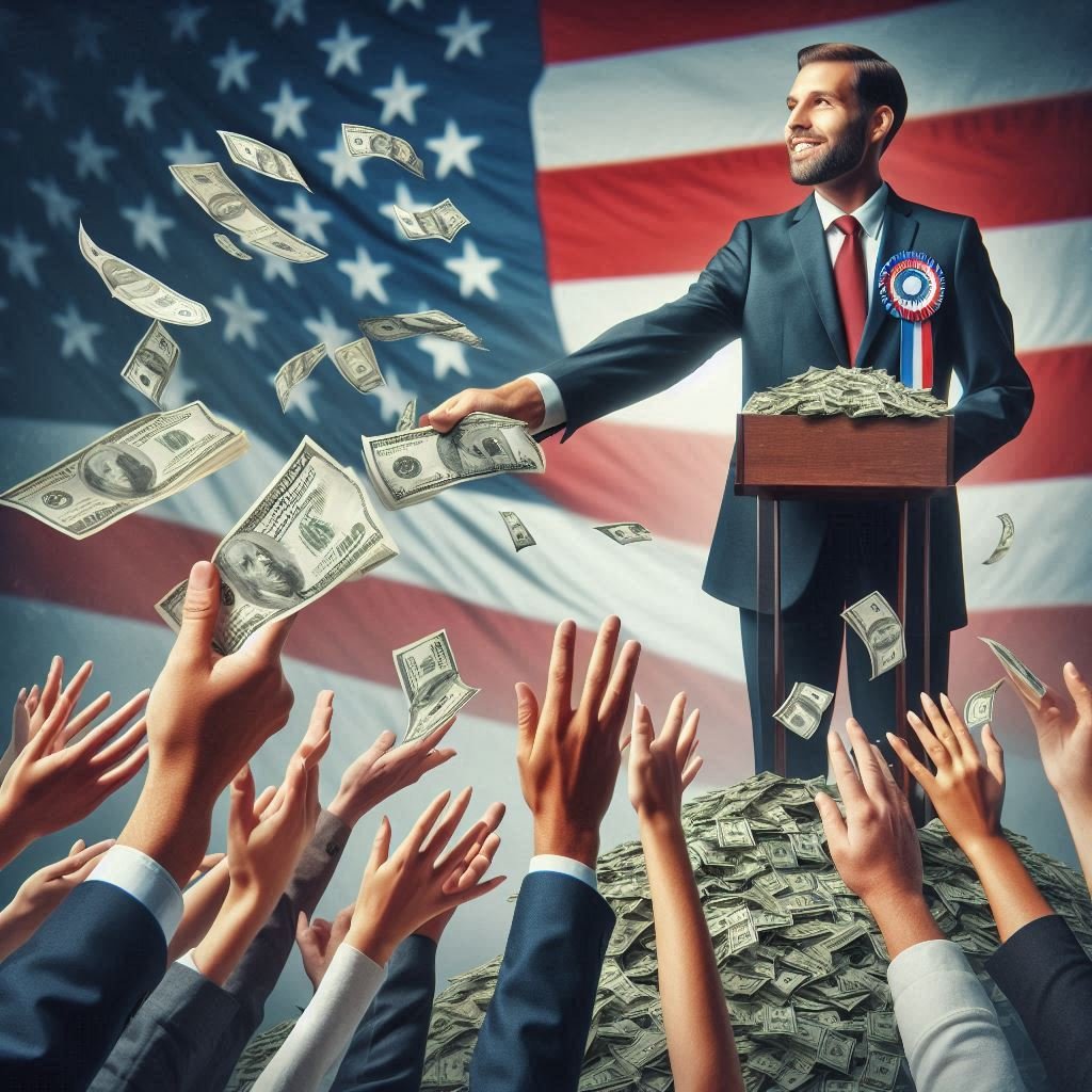 un politico regalando dinero a borbotones estilo fotografico y realista