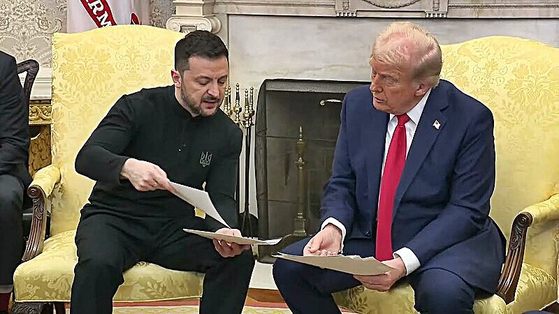 President Trump and Ukrainian President Zelenskyy in Oval Office Feb. 28 2025 BQ